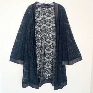Black Floral Lace Open-Front Kimono Robe | Sheer Lingerie Layer | Plus Size 3XL